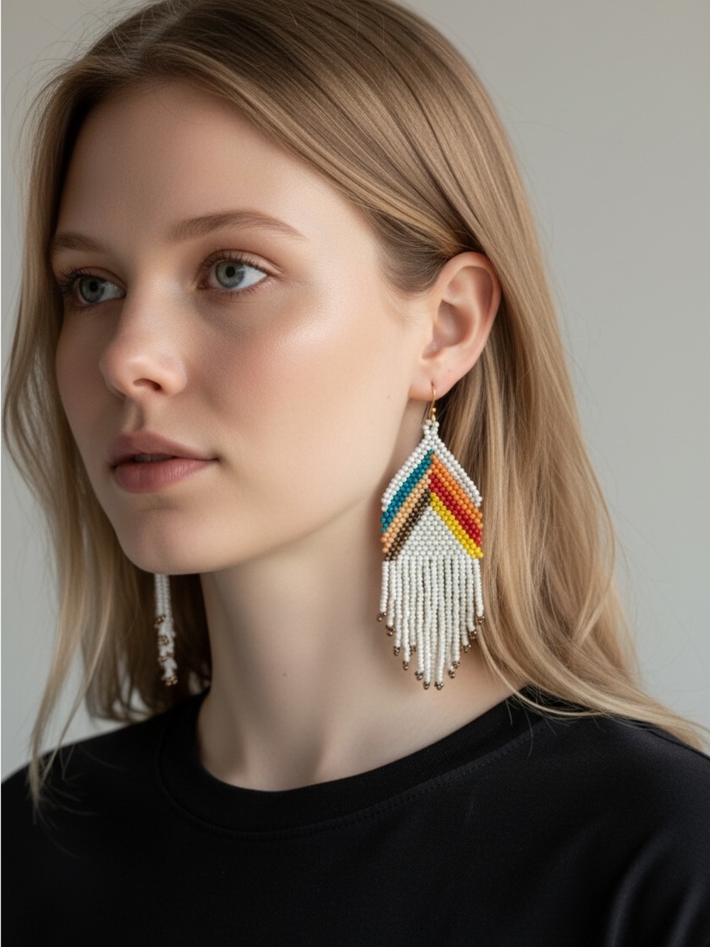 10/1 Handmade Beaded Fringe Drop Earrings in White, Blue, Orange & Yellow